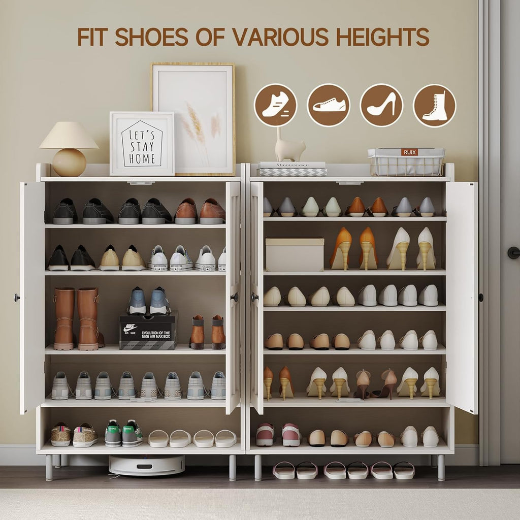 Shoe Cabinet with Cross Molding Doors, 6-Tier Shoe Storage(White)