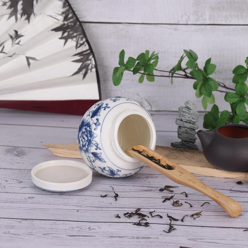 Elegant Mini Blue and White Porcelain Ceramic Ginger Jar With Twist Lid - Modern Twist on Traditional Design (Peony
