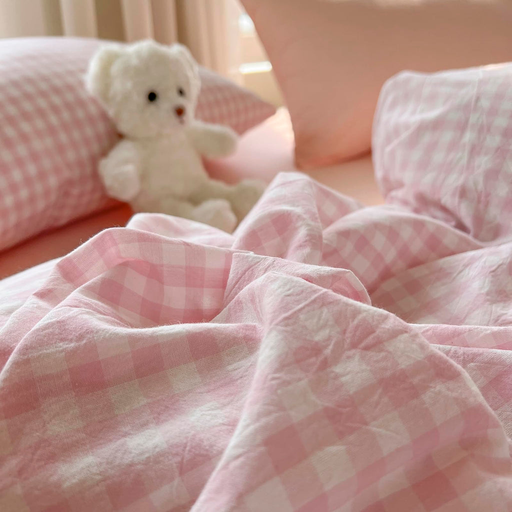 Pink Gingham Duvet Cover Set Cotton (90"x90"), Pink White Plaid