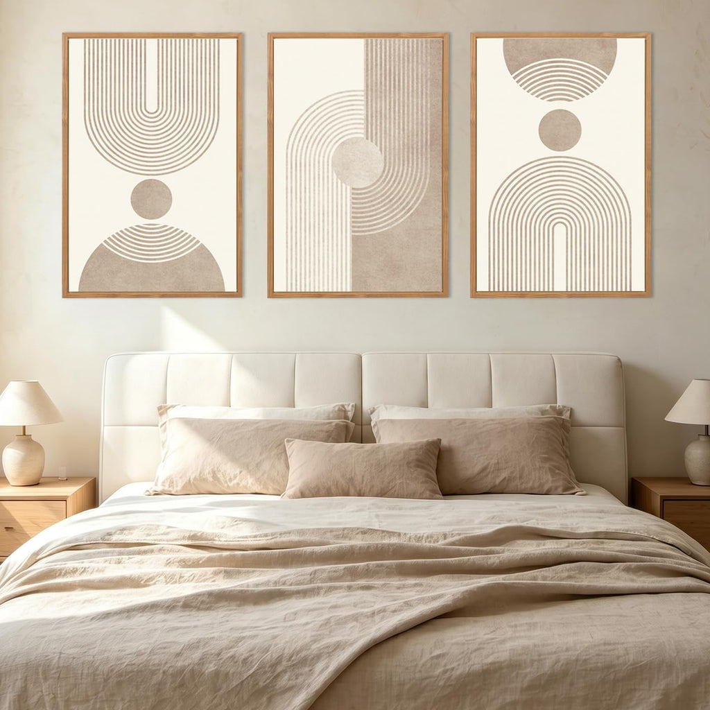 Beige Neutral Canvas Wall Art Boho Pictures Wall Decor Framed Geometric Abstract Artwork Modern Paintings Bedroom