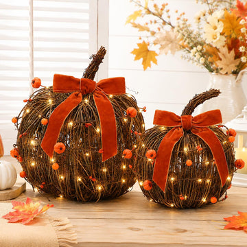 Lighted Fall Pumpkin Decor 2 Pack Rattan Wicker Pumpkins for Table - Set of 2