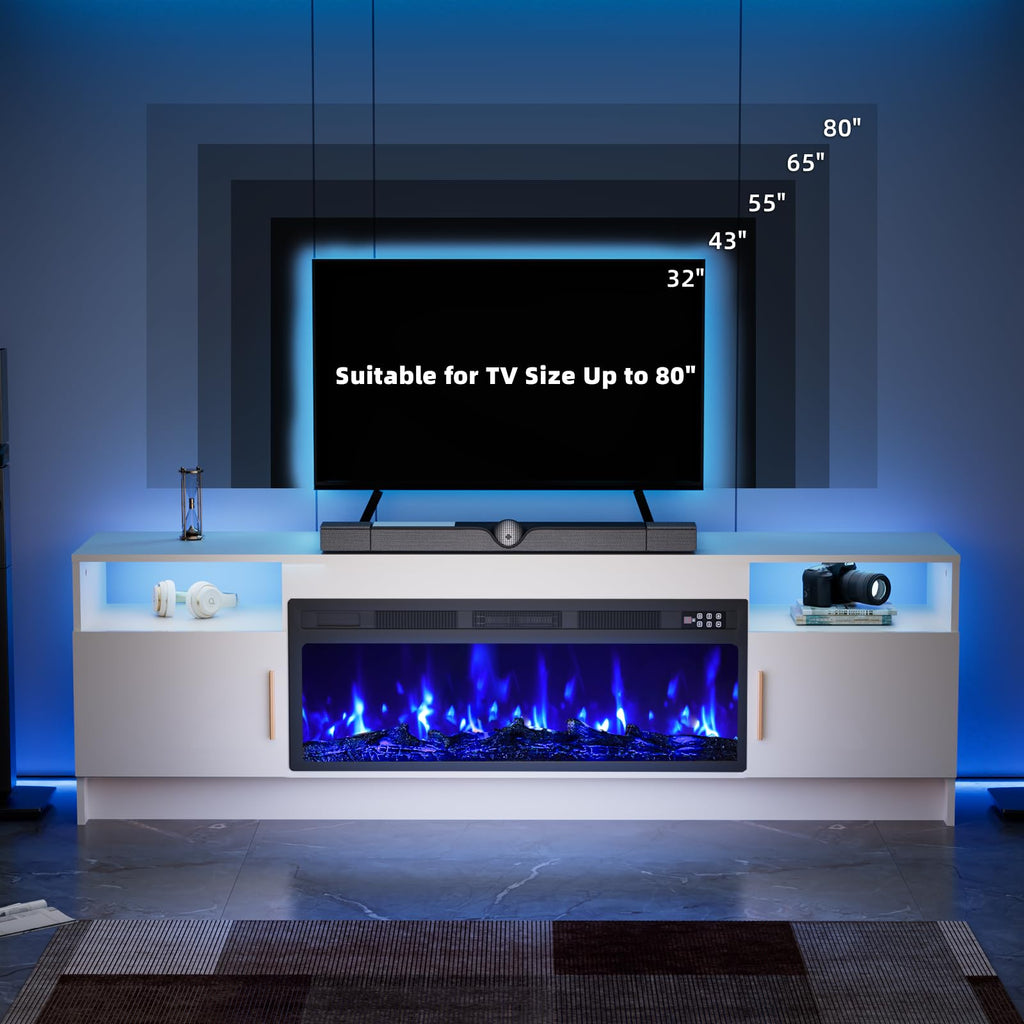 70" Electric with 36 inch Fireplace Up to 80" TVs, Entertainment Center with with Storage Cabinet & LED Lights