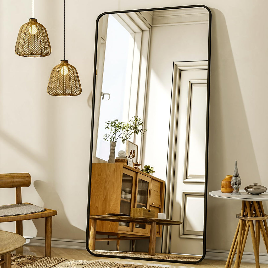 76"x34" Floor Full Length Mirror Standing Full Body Rounded Corner Rectangle Mirrors with Stand Hanging Wall Mounted