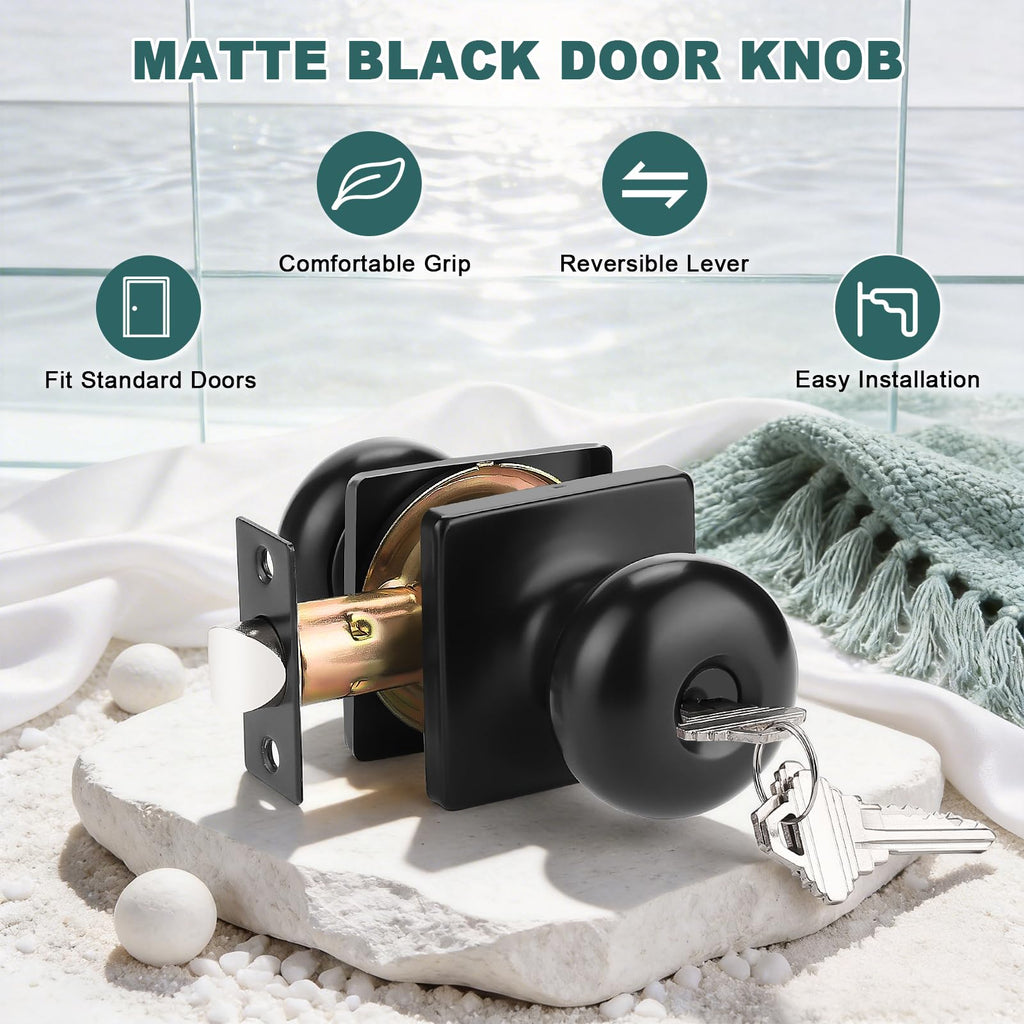 Keyed Alike Entry Door Knobs with Lock and Keys, Matte Black Entry Door Lock Sets for Exterior & Interior Doors