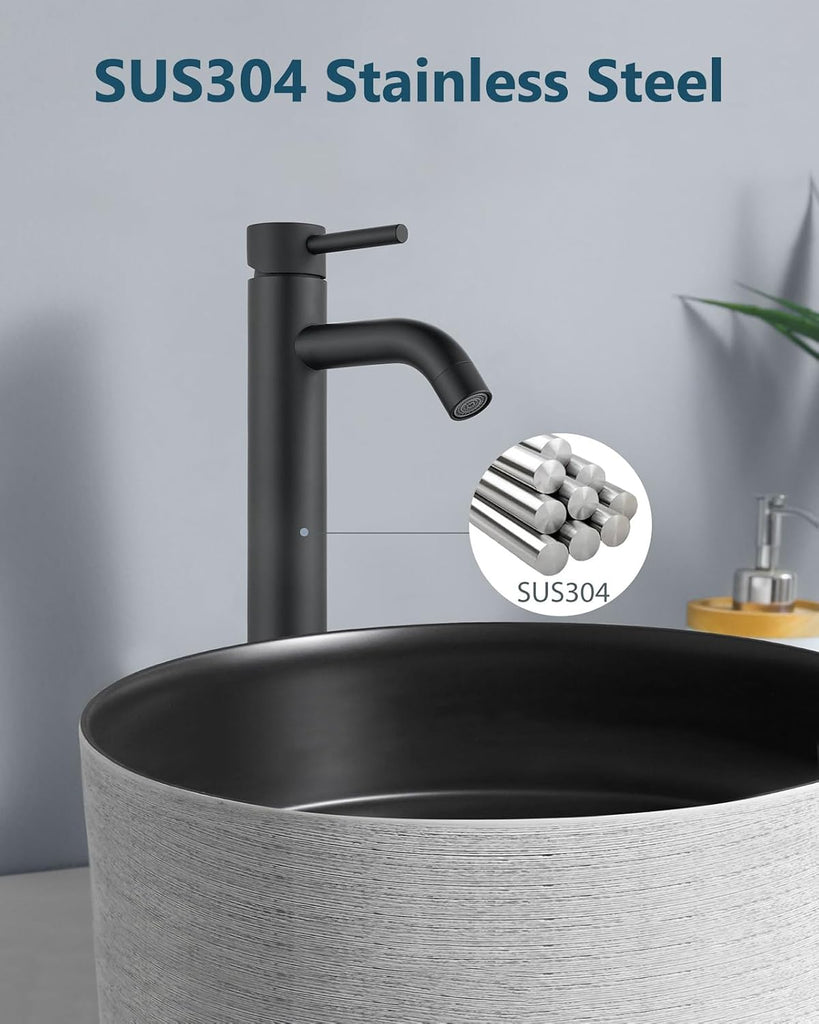 Matte Black Vessel Sink Faucet Bathroom Faucet Tall Stainless Steel Bathroom Sink Faucet Single Handle One Hole Round