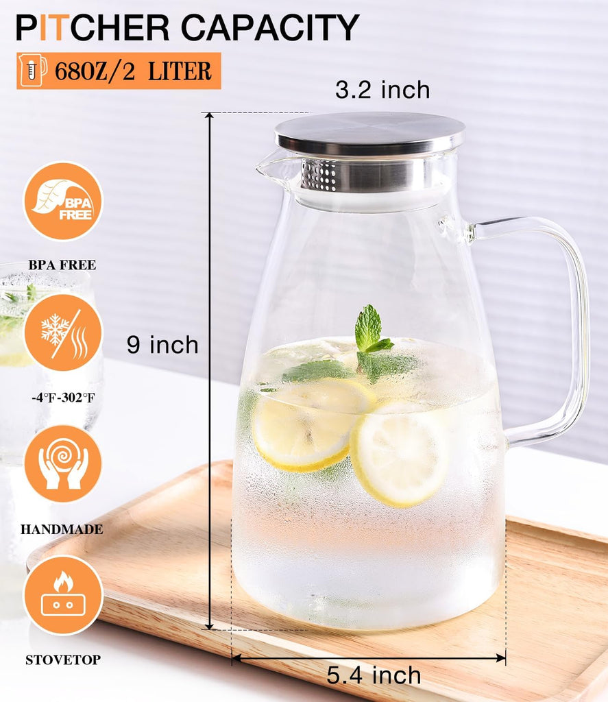Glass Pitcher with Lid, 2 Liter 68oz Water Pitcher with Handle and Spout for Fridge, Borosilicate Glass for Iced Tea