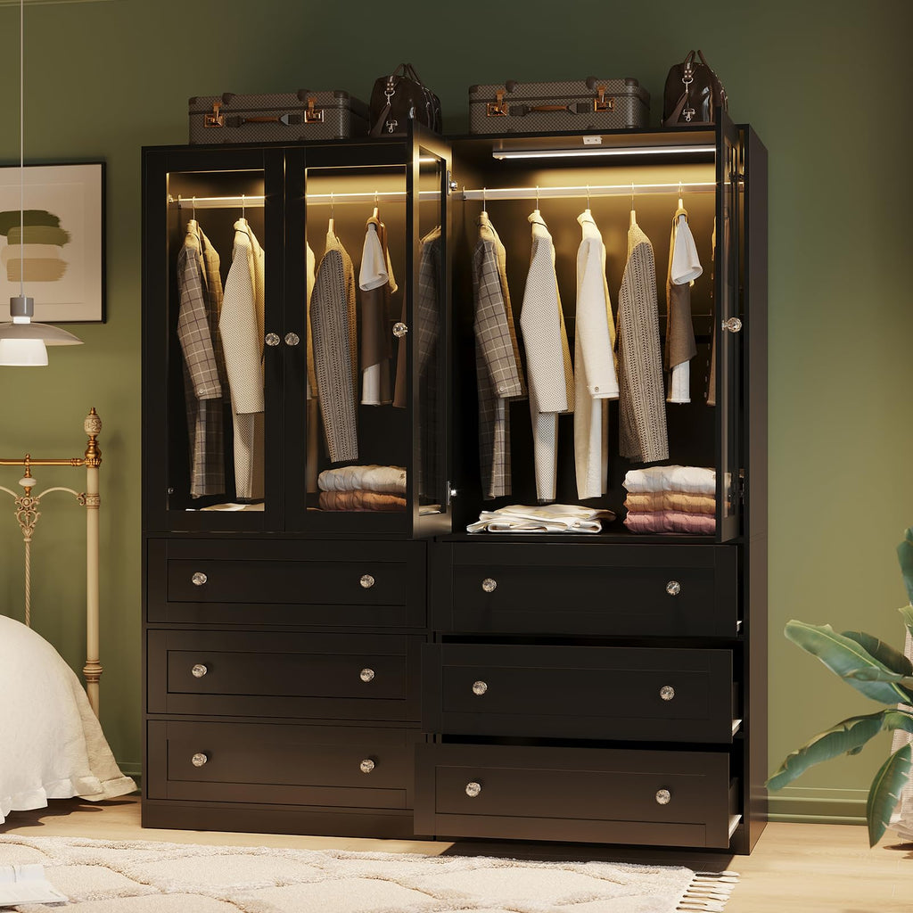 71" H Armoire Wardrobe Closet with Motion Sensor LED Light (Black)