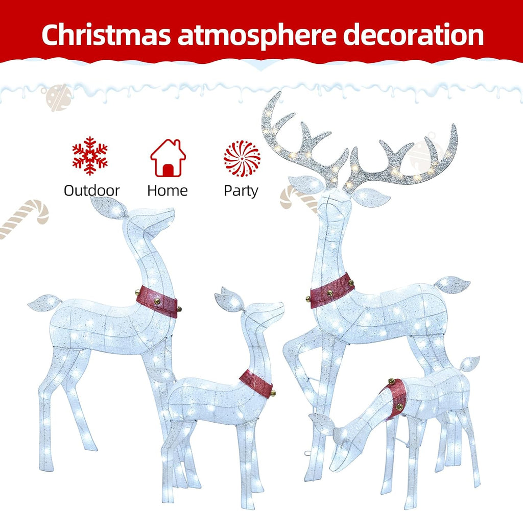 Christmas Decorations Outdoor Reindeer Family - 4-Piece 3D Lighted Deer Set with 245 LED Lights, Yard Christmas Decor