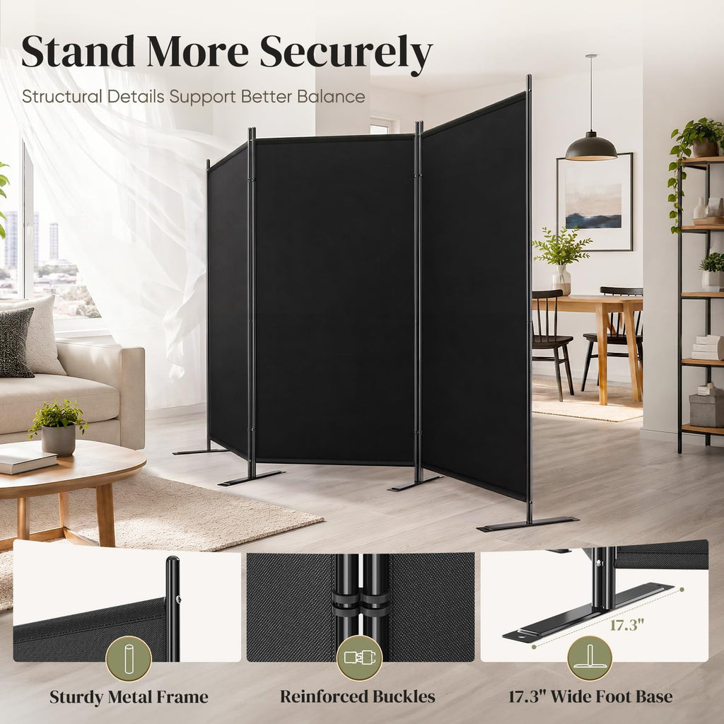 3 Panel Room Divider 100" W x 71" H Folding Privacy Screen, Black