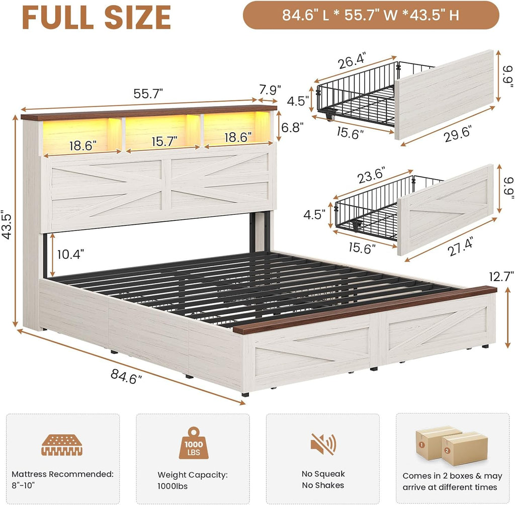 Queen Bed Frame with 6 Drawers, Farmhouse Bed Frame with Barn Door Headboard and Storage, Wood Platform Bed Frame