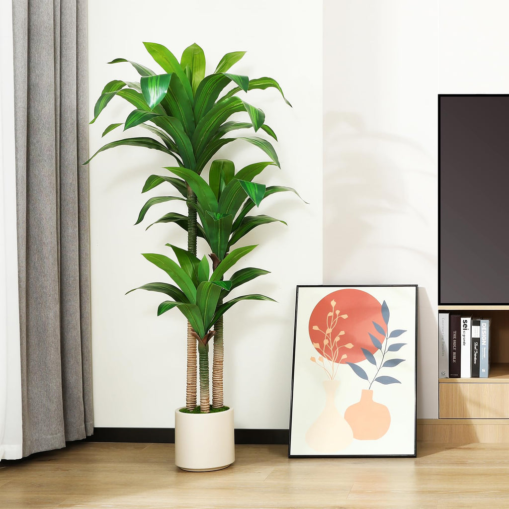 Artificial Dracaena Tree 5ft, Tall Fake Dracaena Plants with White Planter, Faux Dragon Tree Indoor Floor Plant Decor