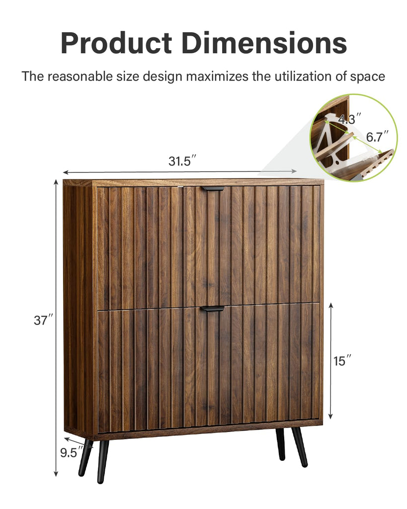 Shoe Storage Cabinet, Walnut Fluted Shoe Cabinet Storage, Hidden Shoe Cabinet with Metal Legs, Slim Entryway Shoe