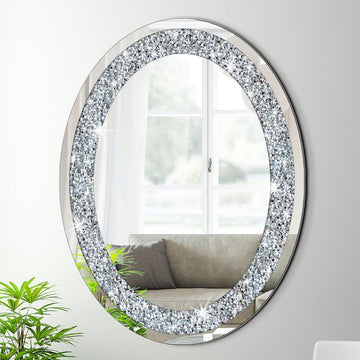 Crystal Crushed Diamond Oval Shaped Silver Mirror Glam Bling for Wall Decoration 24x32x0.9inch Frameless Wall Hang