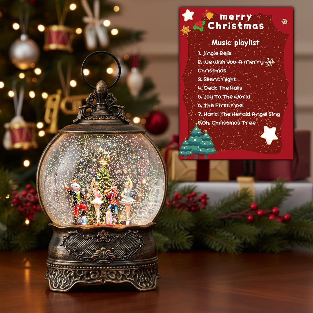 12.1" Christmas Snow Globe Lantern with Nutcracker Ballet Decor, Musical Snow Globe, Indoor Home Christmas Decor
