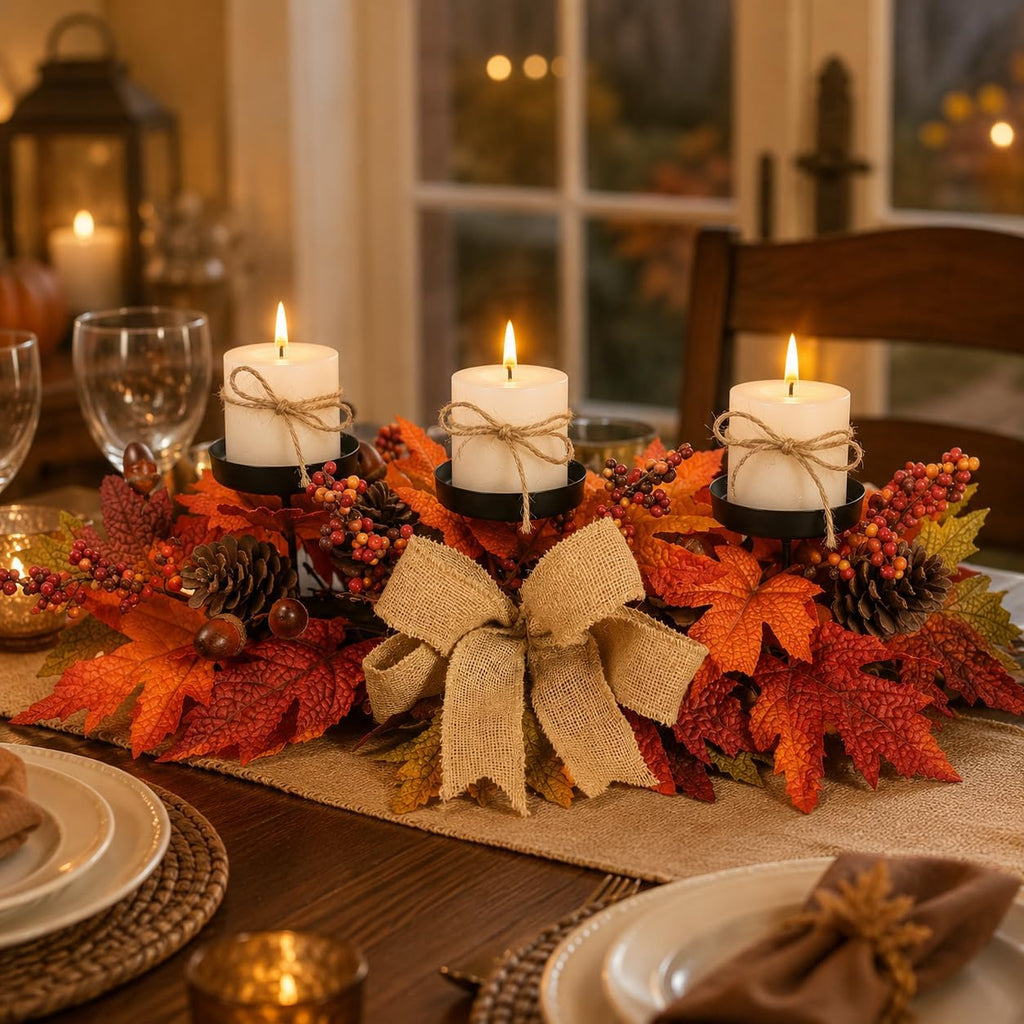 Fall Candle Holder Centerpiece with Maple Leaves, Pinecones, Berries & Burlap Bow,Thanksgiving Table Centerpiece