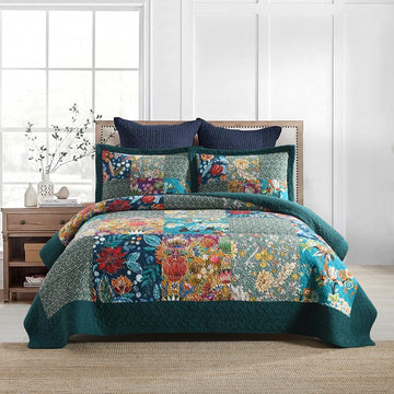 Cotton Bedspread Quilt Sets Reversible Bedding Coverlet Sets Comforter, Vintage Floral Patchwork Turquoise Bedspread