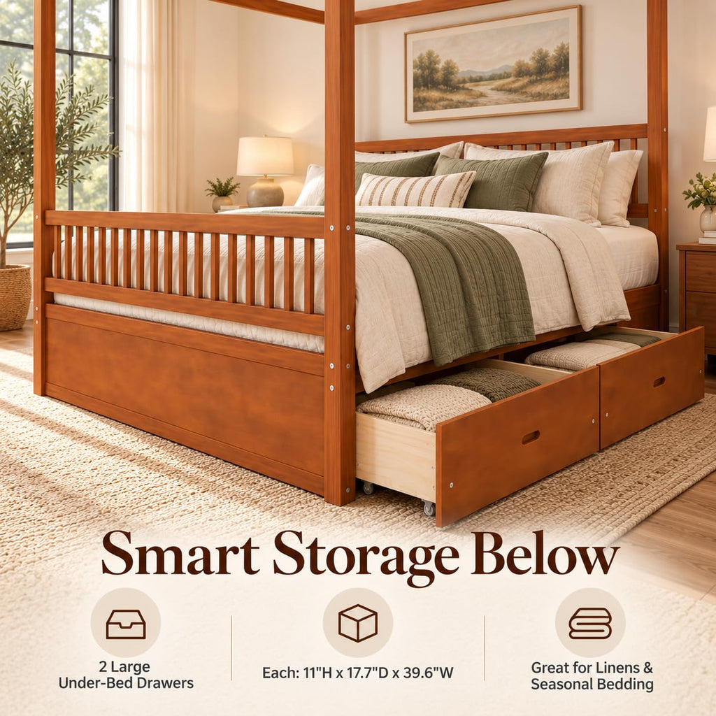 Queen Size Wood Canopy Bed Frame, Walnut Vintage Four-Posters Frames
