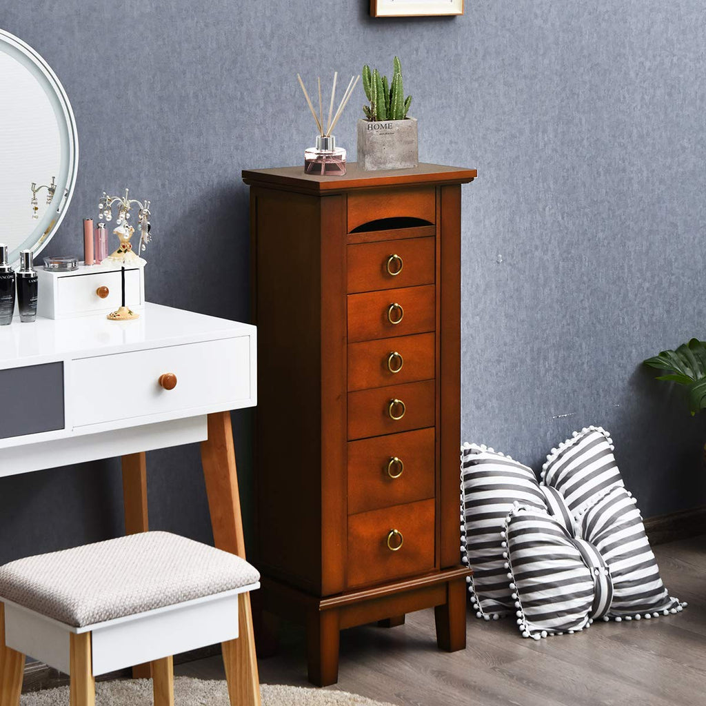 6 Drawers Jewelry Armoire Cabinet, Standing Jewelry Storage Chest with Mirror, 8 Necklace Hooks Wooden Jewelry