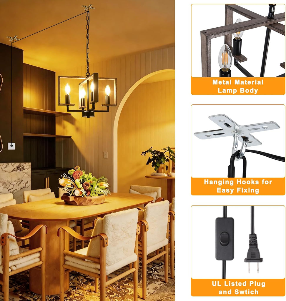 Plug in Chandelier, 4 Light Geometric Hanging Lights with Plug in Cord 15FT & Switch