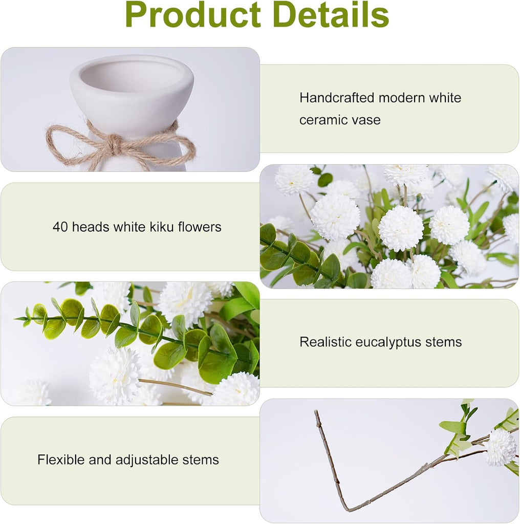 Artificial Flowers with White Ceramic Vase Included,Vase with Flowers - Set of 12
