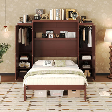 Full Vertical Murphy Bed with Wardrobe,Cabinet,and Storage Shelves,Wood Foldable Hidden Murphy Wall Bed for Adults