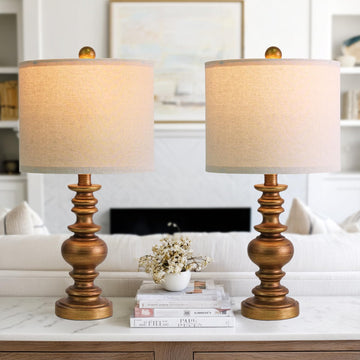 20" Antique Gold Table Lamps Set of 2 - Handcrafted Vintage Bedside Lamps with Linen Shades, Elegant Farmhouse Lamps
