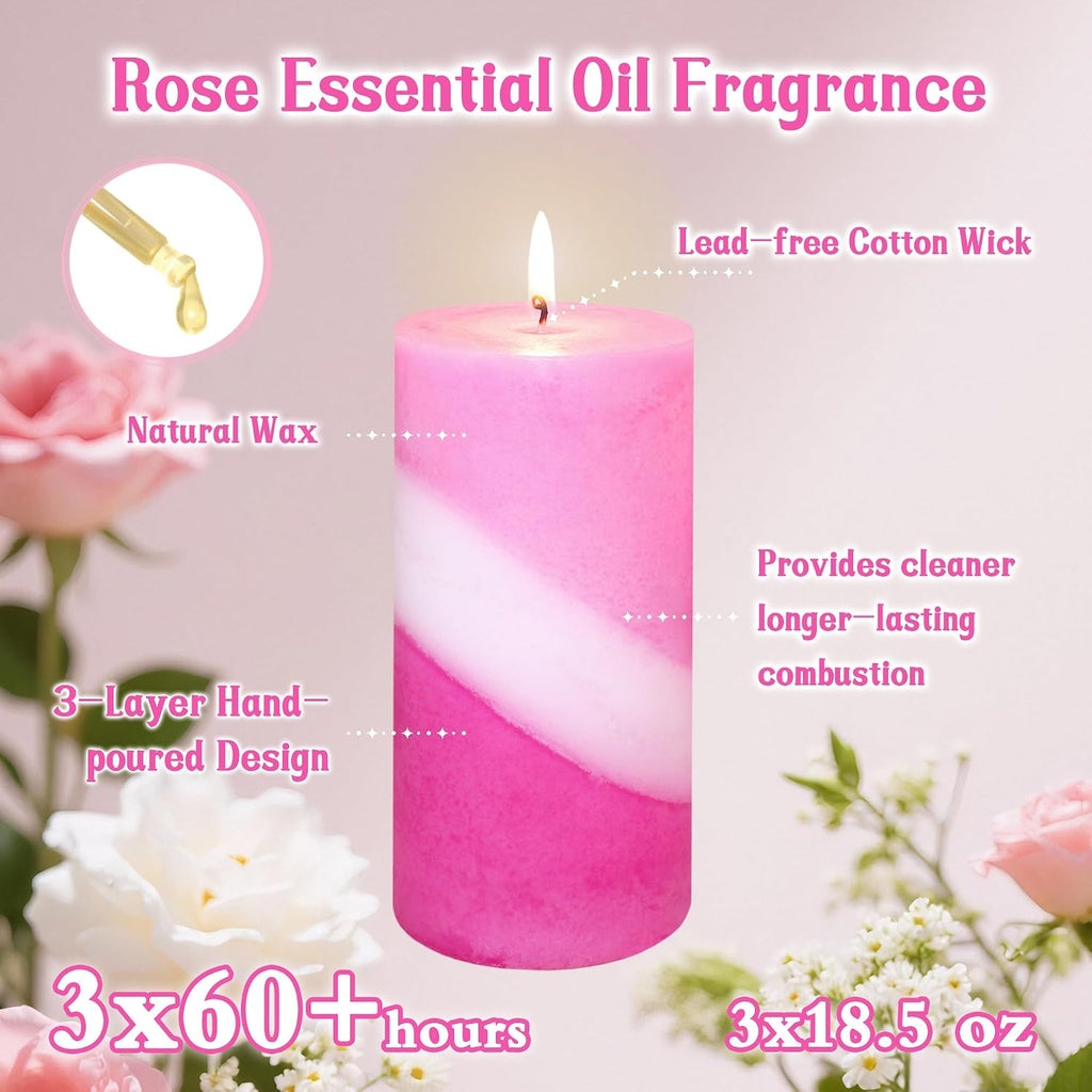 Pillar Candles Rose Scented Pink Spiral Aromatherapy Candles 70+ Hours Burn Long Lasting, Mottled Layered Candles