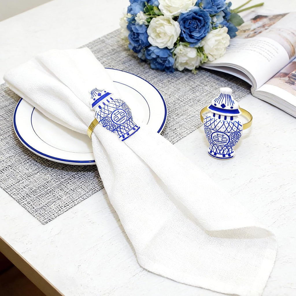 Blue White Porcelain Napkin Rings Vintage Chinoiserie Napkin Ring for Asian Christmas New Year Party - Set of 6