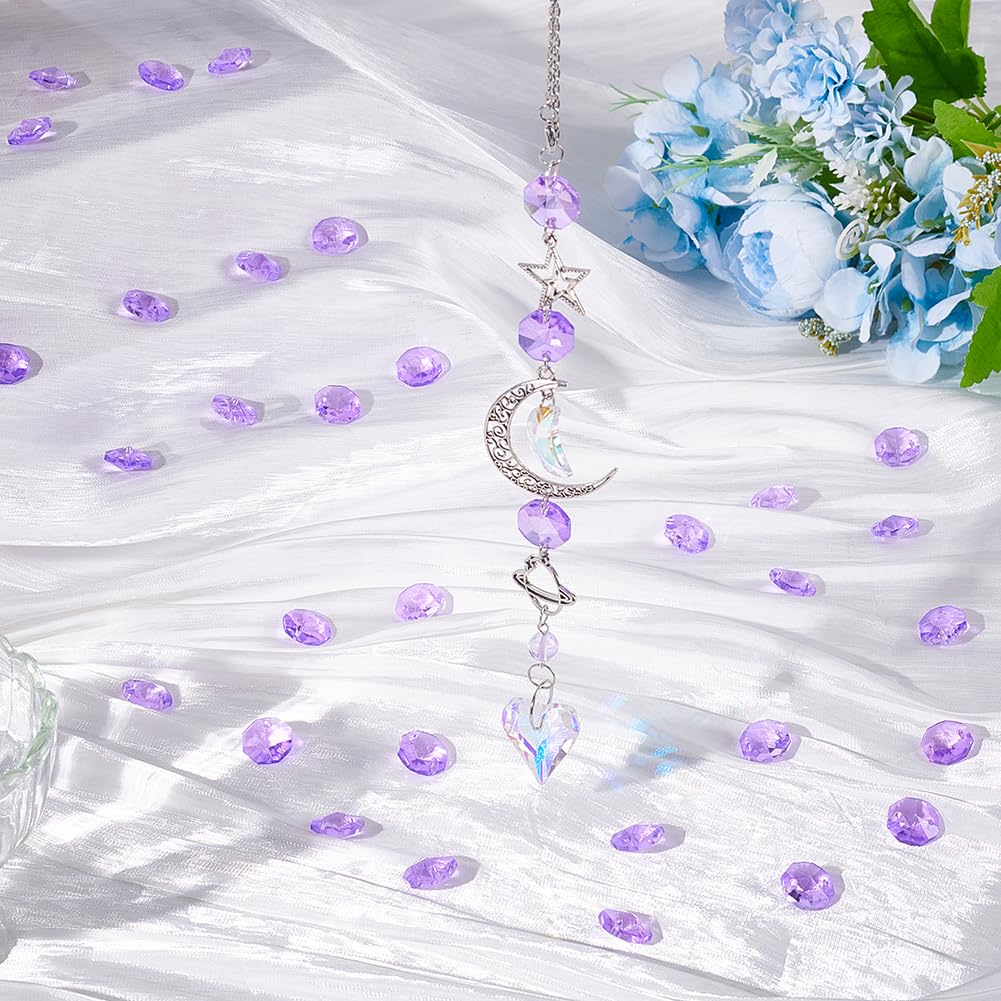 1 Box 120Pcs Glass Octagon Beads 2 Hole Crystal Prism Beads Purple 14mm Chandelier Replacement Connector Suncatcher