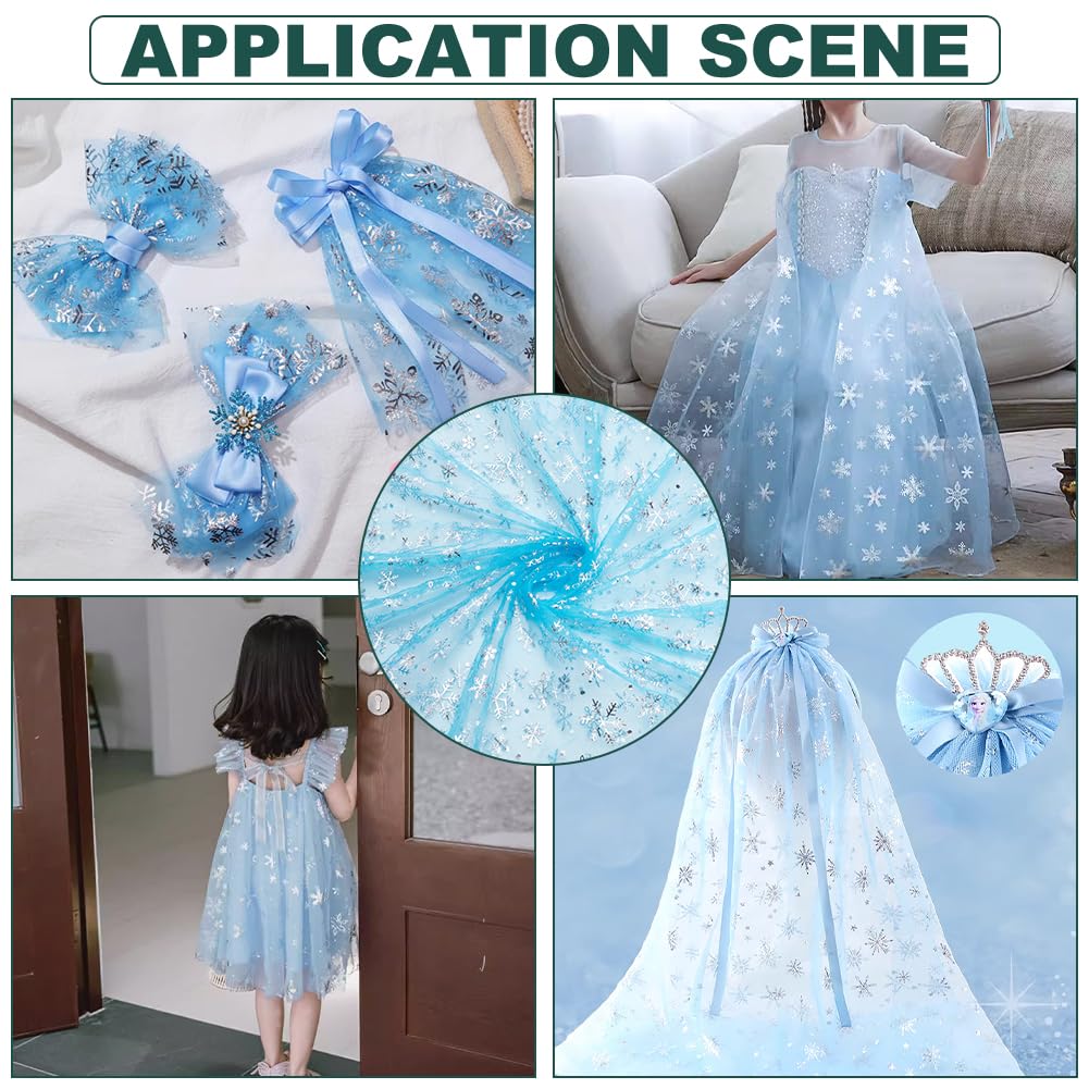 1 Yard Snowflake Tulle Fabric, 63inch Blue Sheer Organza Fabric with Silver Foil Snowflake Print for Garment