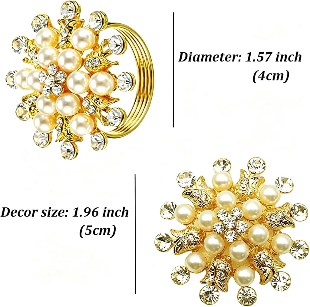 Gold Flower Napkin Rings, Gold Bling Rhinestone Napkin Ring Holder for Weddings, Dinner, Parties, Christmas - Set of 8