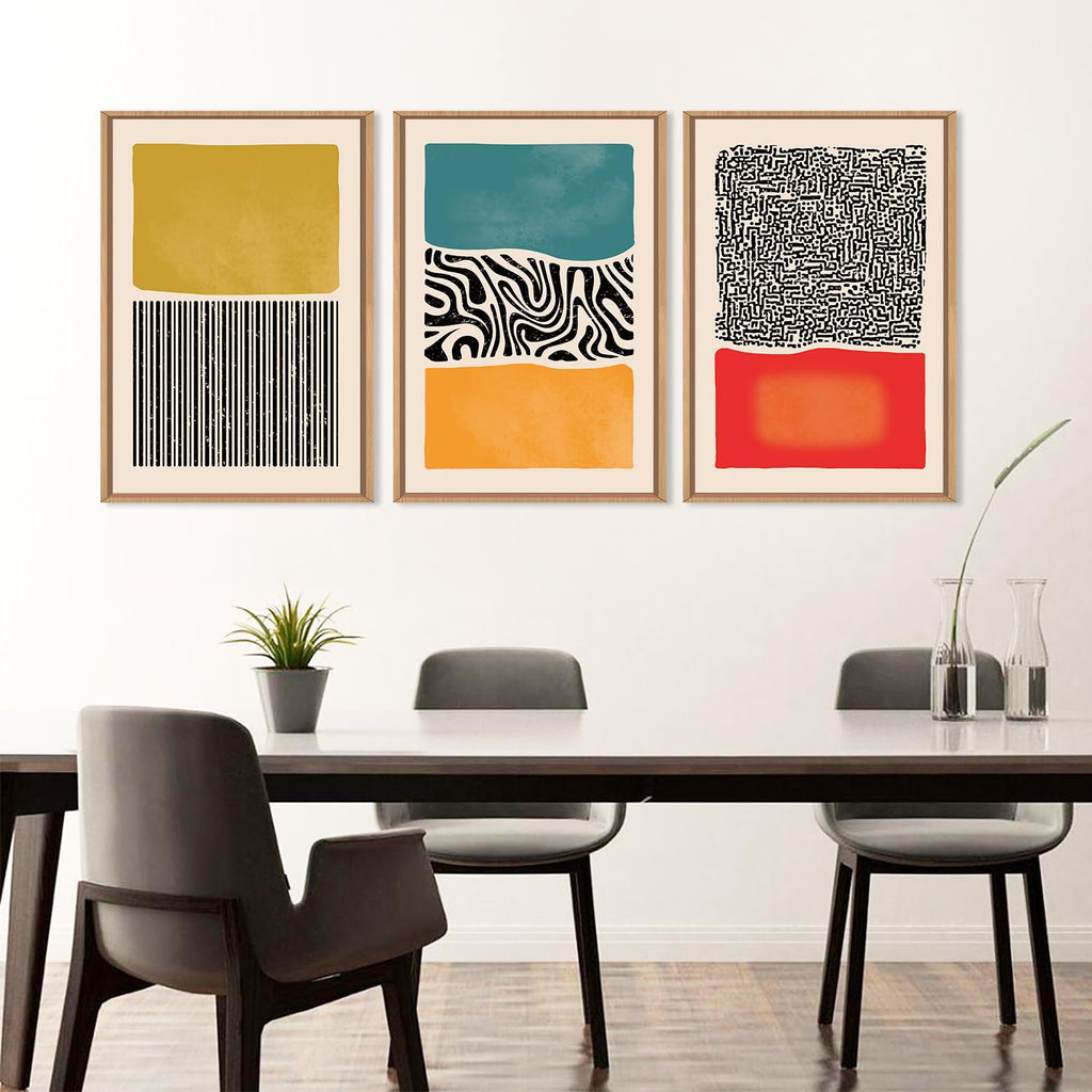 Large Mid Century Modern Wall Art Framed 16x24, Boho Abstract 3 Piece Canvas Decor, Mcm Vintage Bohemian Color Block