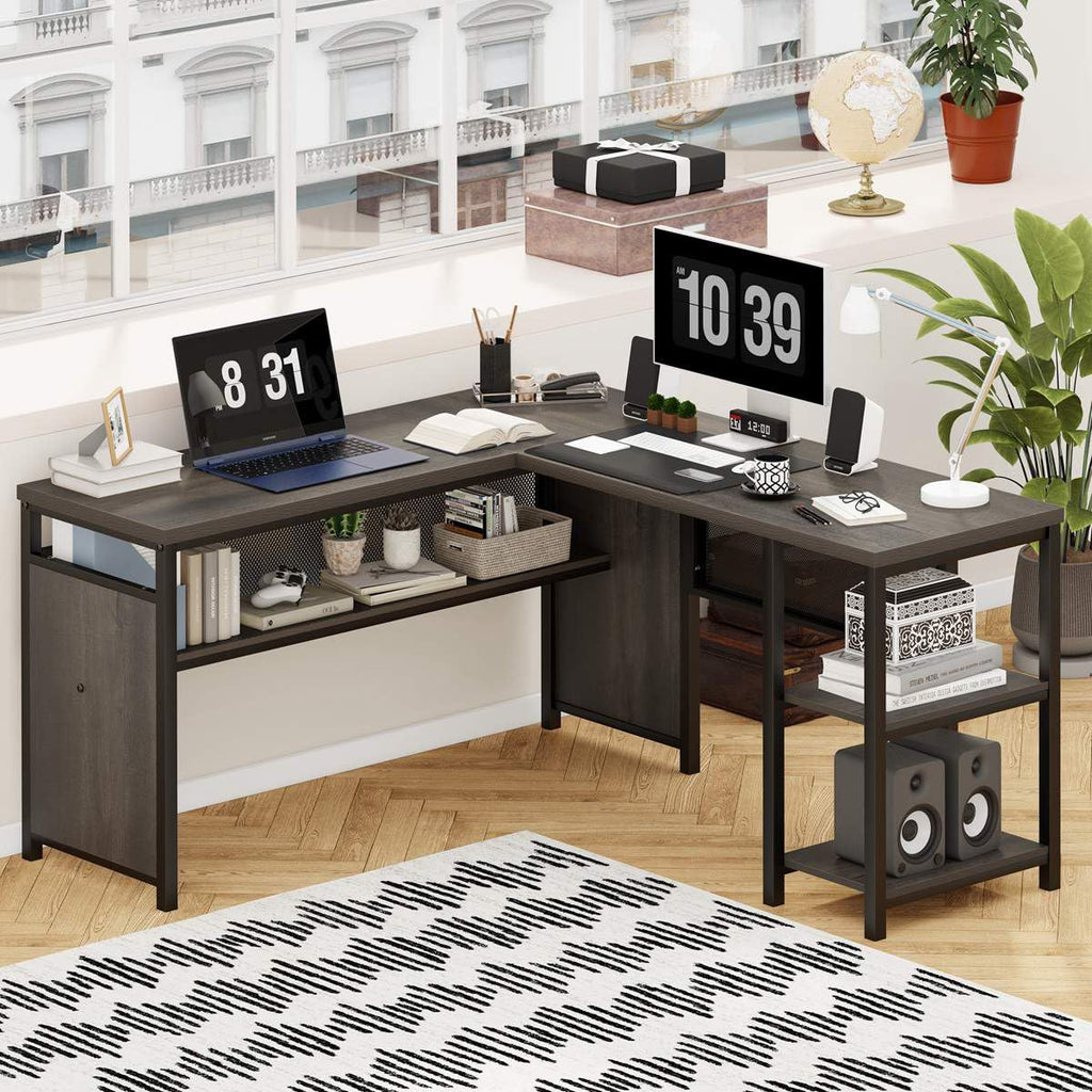 L Shaped Desk, Industrial Reversible Home Office Computer Desk with Wood Shelves, Corner Desks with Metal Legs