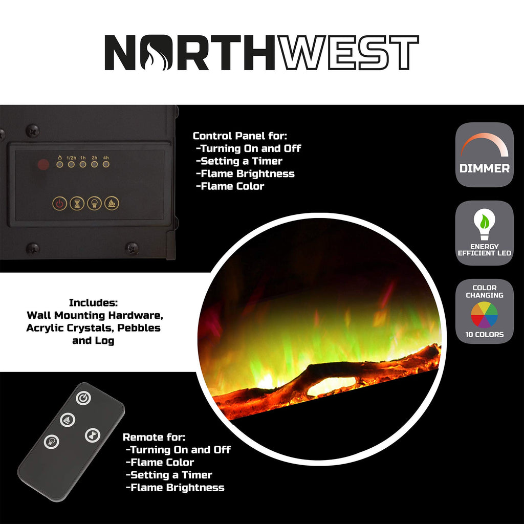 36-Inch Wall Mounted Electric Fireplace - Modern Fireplace with Floor Stand, Remote, and Adjustable Heat and