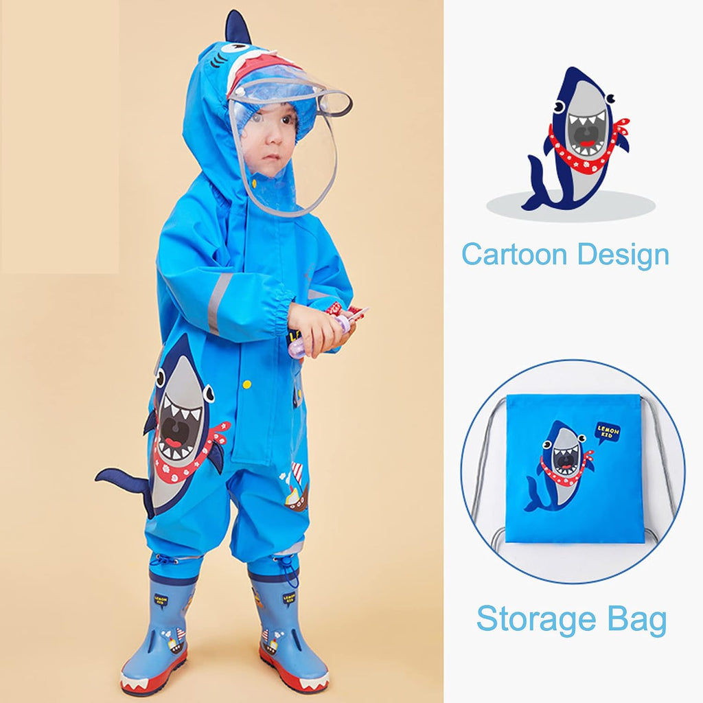 Toddler Boys Rain Suit Lightweight Waterproof Coveralls Cartoon Shark Hoodie Rain Jacket M Size