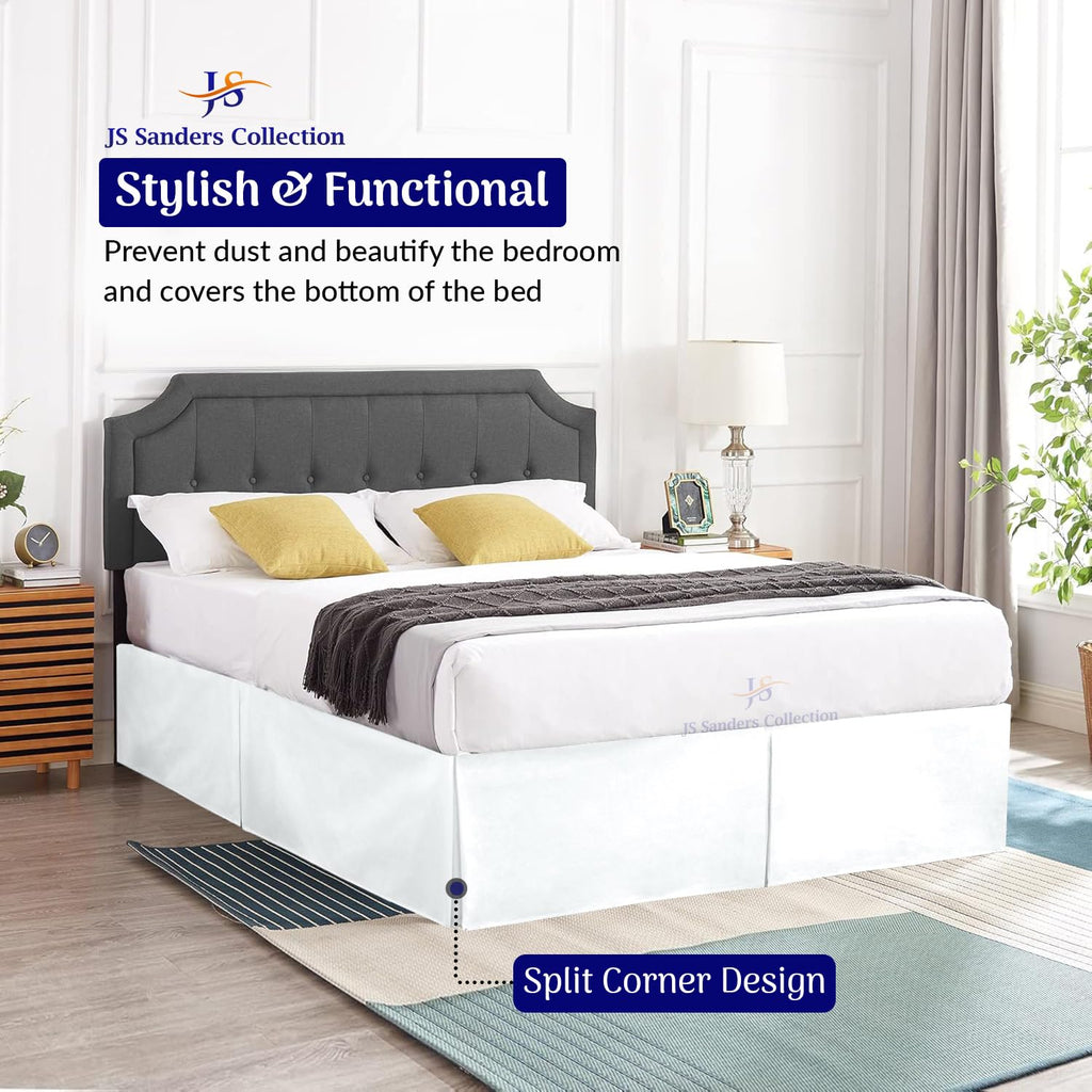 King Bed Skirt 16inch Drop Pleated Design Split Corners White