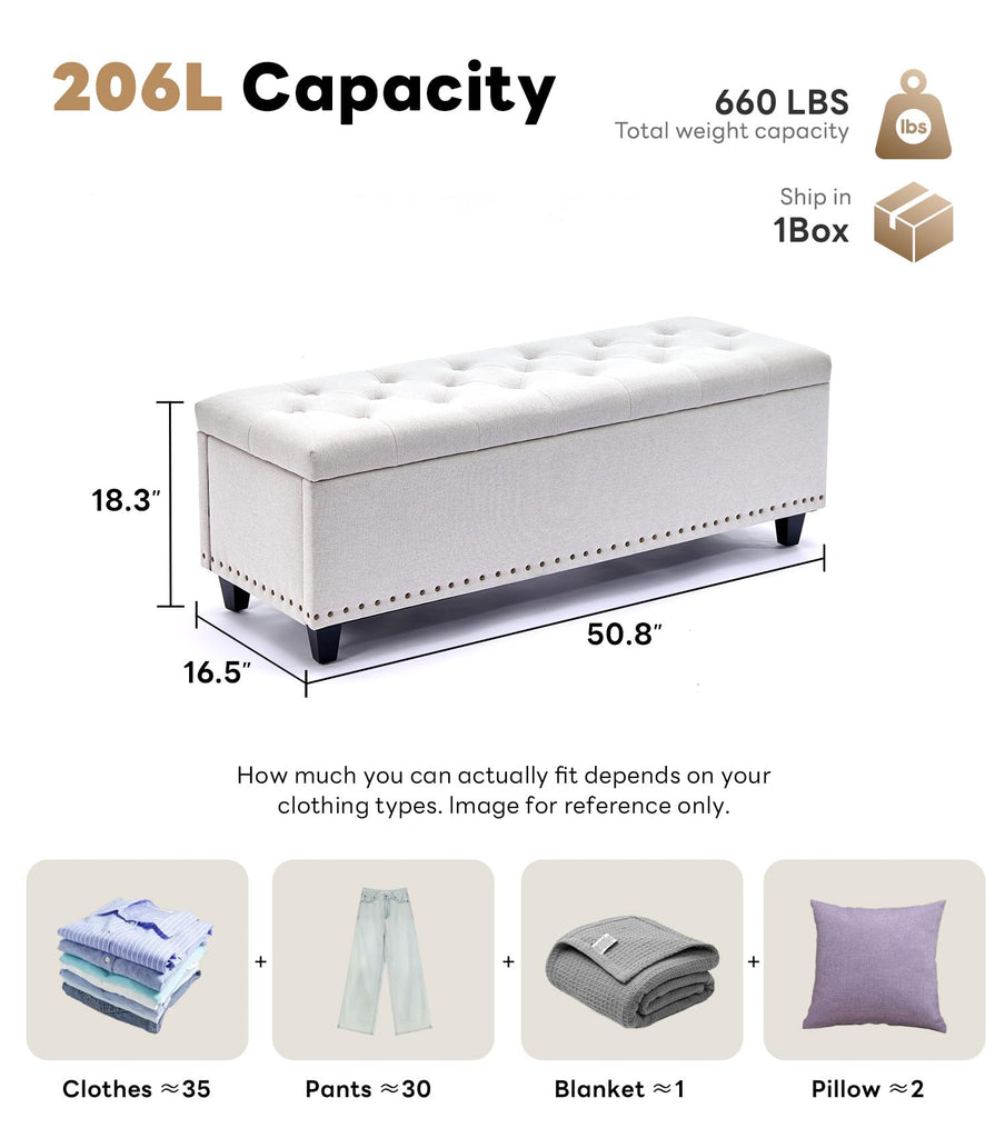 50.8" Large Ottoman Storage Bench, Oversized Tufted Upholstered Entryway Benches End of Bed, Rectangle Dorm Foot