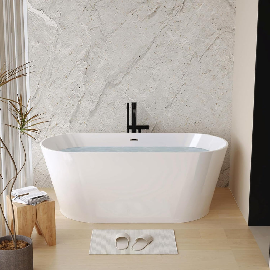 Zavdte 55" Freestanding Acrylic Bathtub, Gloss White Stand Alone Soaking Tub with Toe-tap Chrome Drain, Double-Wall