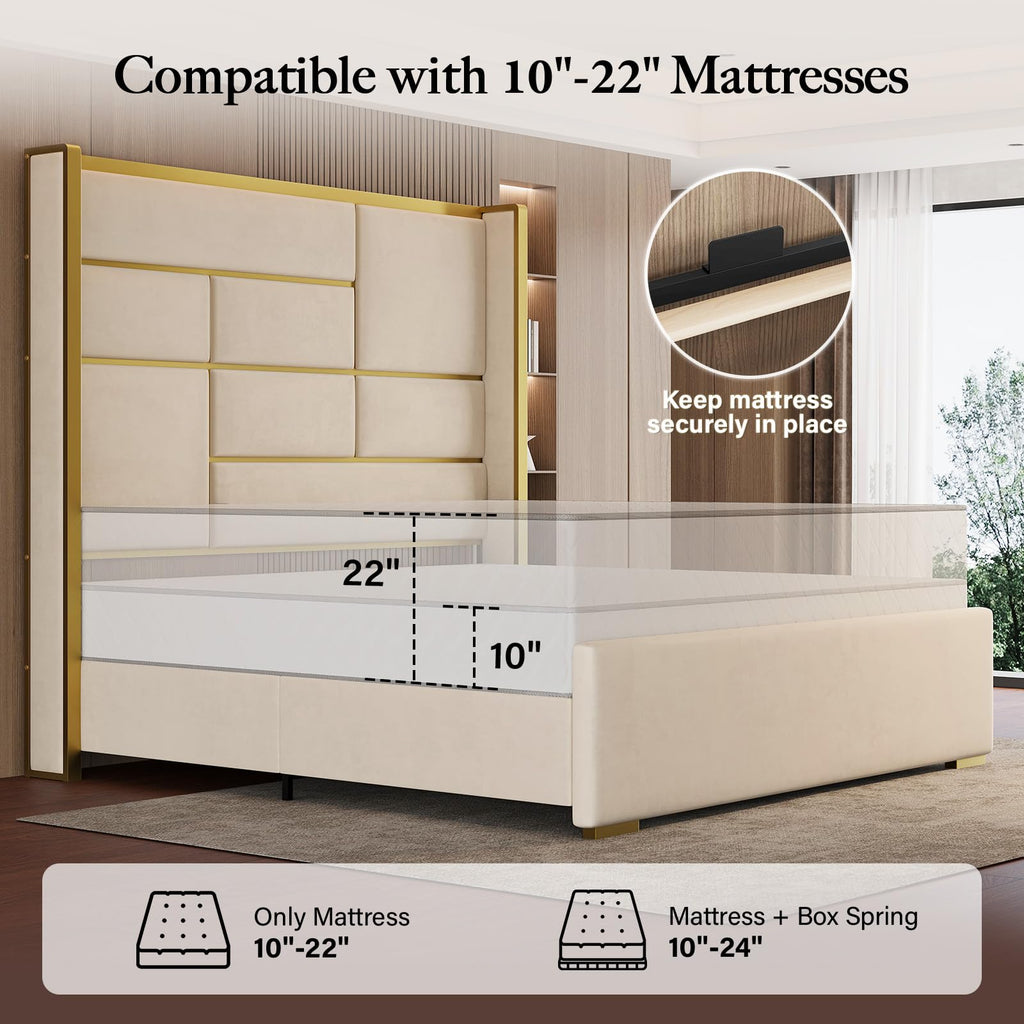 King Size Bed Frame with Gold Trim Headboard, 66.9" Tall Bed, Beige