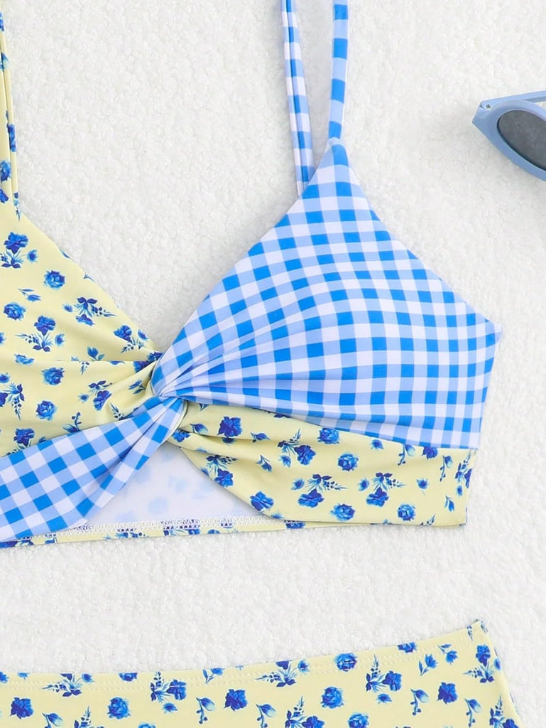 Girls 2 Piece Bikini Sets Twist Front Gingham Ditsy Floral Print Adjustable Straps Bathing Suit Tween Beach Swimwear