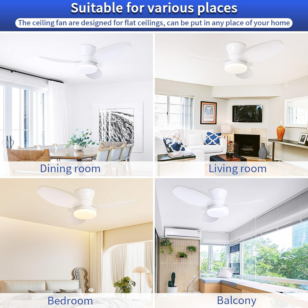 Small Ceiling Fan with Lights and Remote, 32'' Flush Mount, White