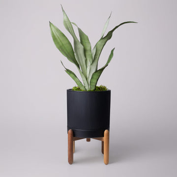 8 Inch Ceramic Planter with Natural Wood Stand w/Drainage & Saucer - Modern Indoor Planter for Cacti, Snake Plants &