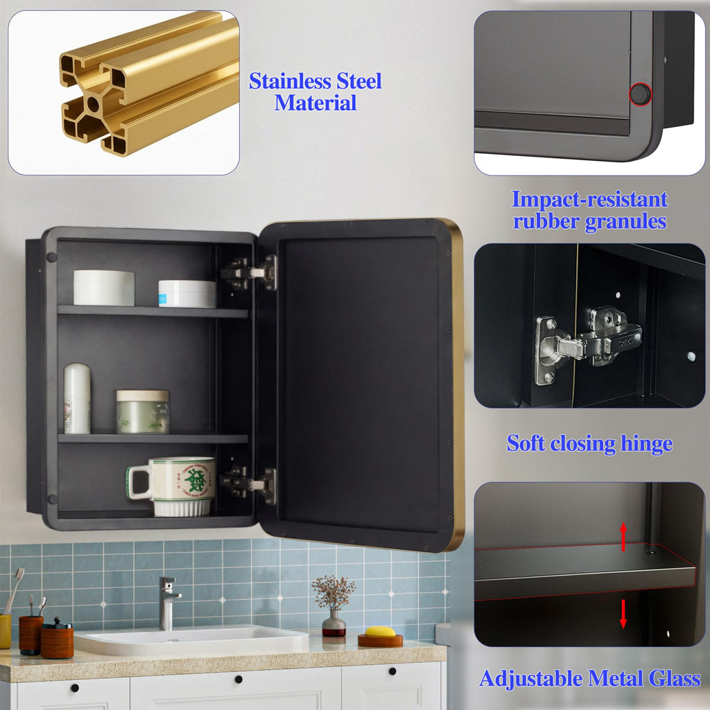 24" x 24" Bathroom Medicine Cabinet with Mirror Door, Brush Gold Stainless Steel Frame, Recessed or Surface