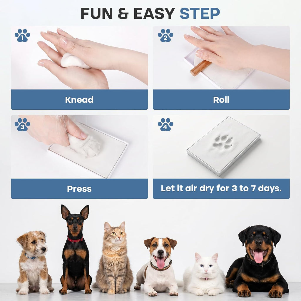 Pet Paw Print Photo Frame with No-Mess Clay - Wooden Shadow Box Keepsake for Dogs and Cats, DIY Memorial Picture