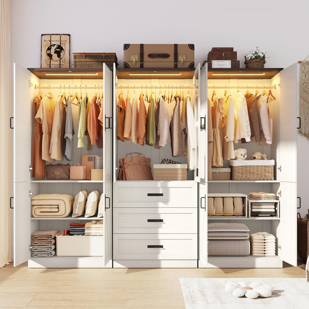 75" Tall Farmhouse 6 Doors Armoire Wardrobe Closet with 3 Drawers and LED, Freestanding Closet Wardrobe Cabinet with