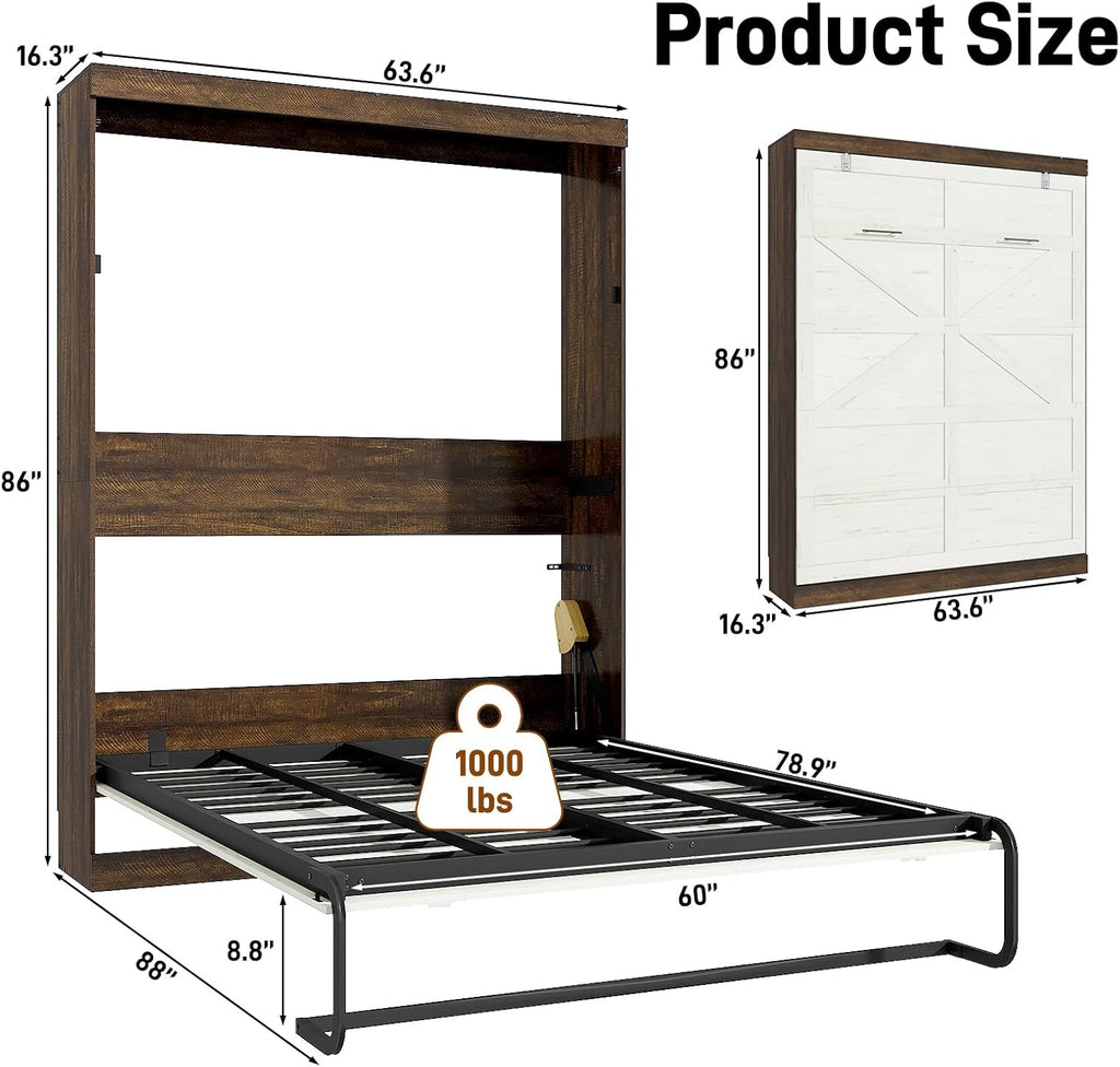 Queen Murphy Bed with 2 LED Lights, Farmhouse Wood Hidden Foldable Wall Bed Frame w/Gas Struts, Storage Bed Cabinet