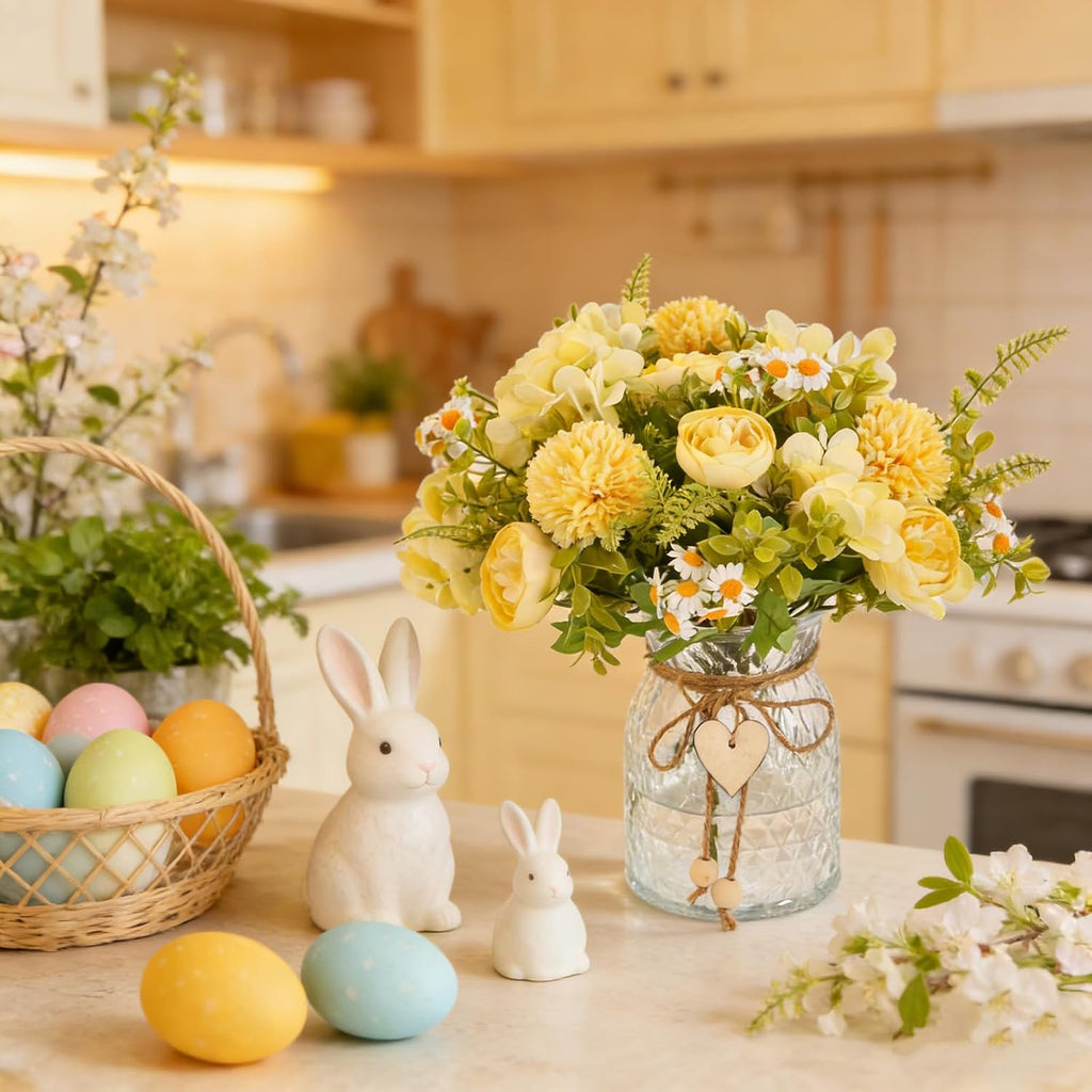 Faux Flowers with Vase,Artificial Silk Peony in Vases Fake Flower Hydrangeas Arrangement for Dining Table Home Office