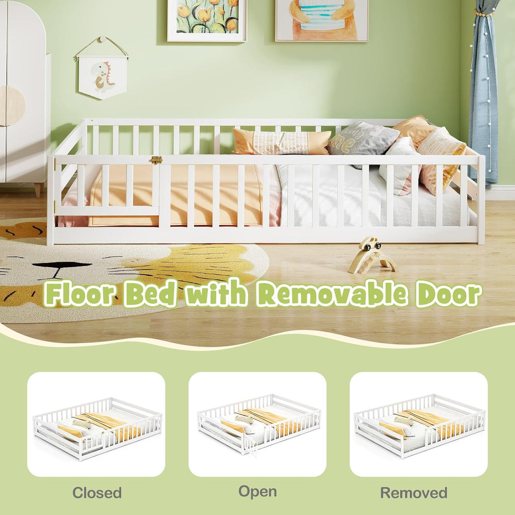 Full Size Wood Floor Bed with Door & Fence, Montessori Bed Frame with Full Length Safety Guardrails, Door & Latch