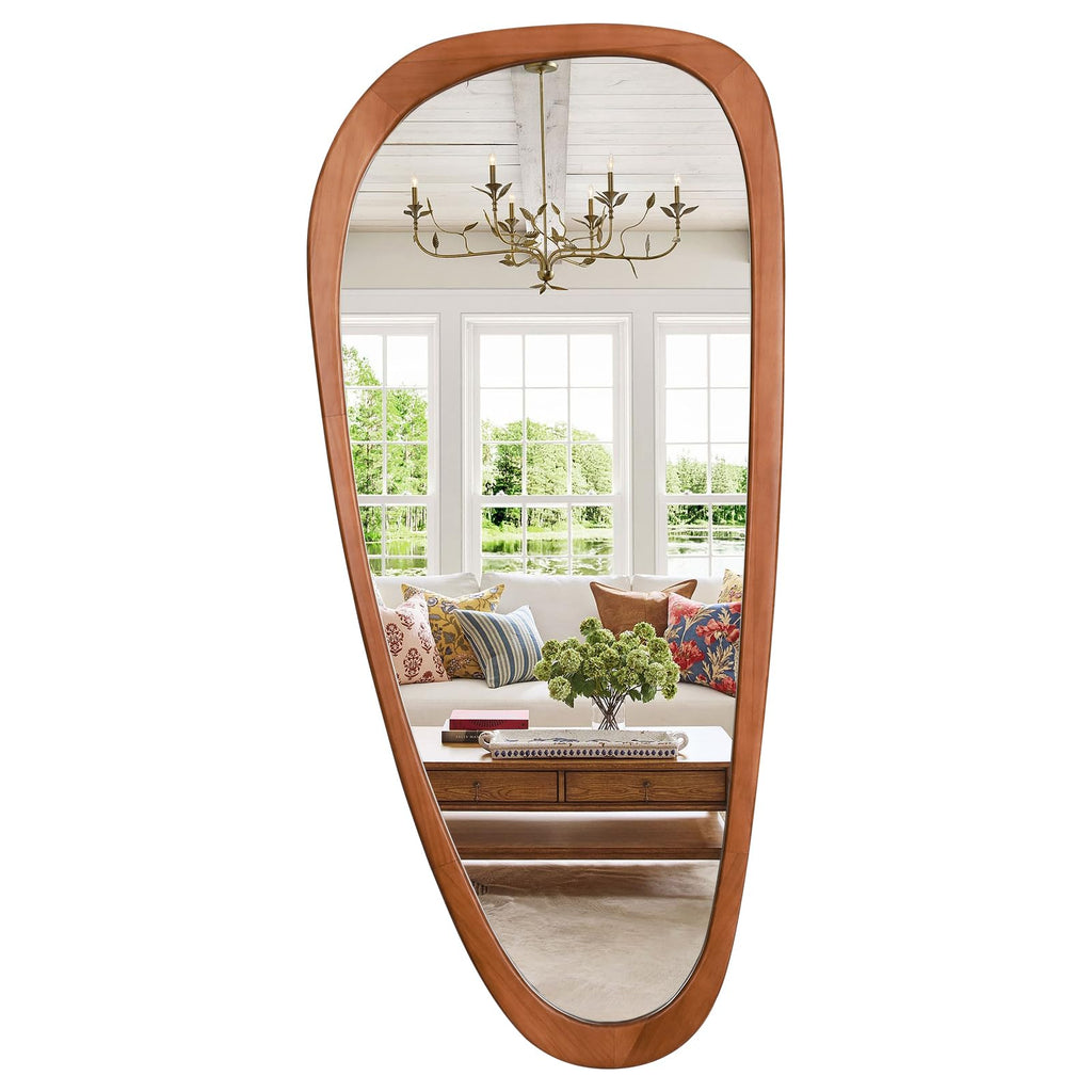 48" H x 22" W Asymmetrical Mirror, Irregular Wooden Wall Mirror Full Length - Boho Mid-Century Modern Decorative