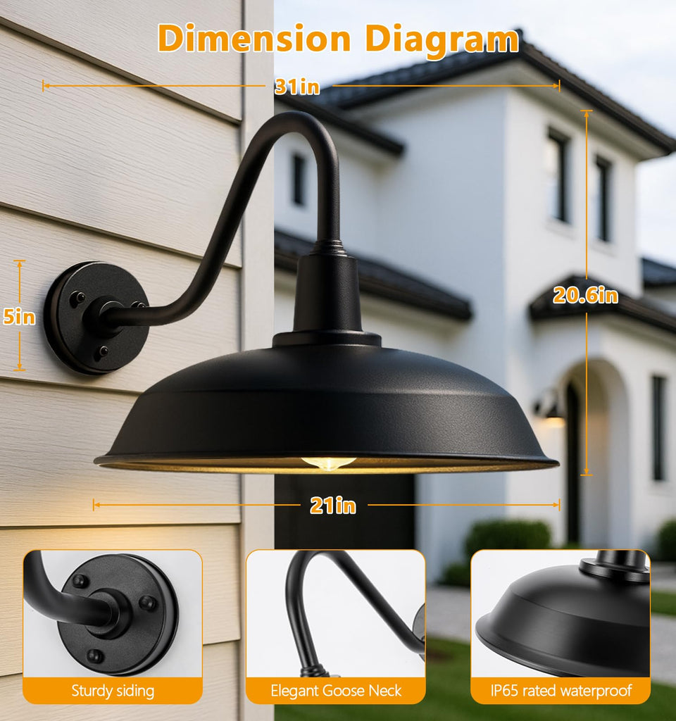 21" Large Black Gooseneck Barn Light, Outdoor Wall Fixture